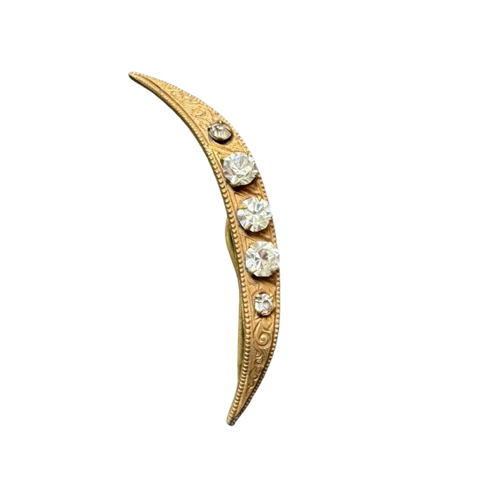 Vintage Crescent Moon Brooch Victorian Paste Stones Gold Tone Pin Celestial